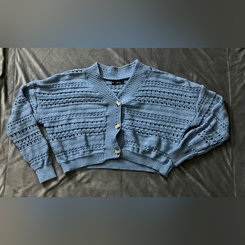 Zaful Blue Knit Cropped Crew Neck Cardigan Sweater